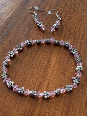 Handcrafted Pink Swarovski Crystal and Silver Flower Bracelet and Earring Set